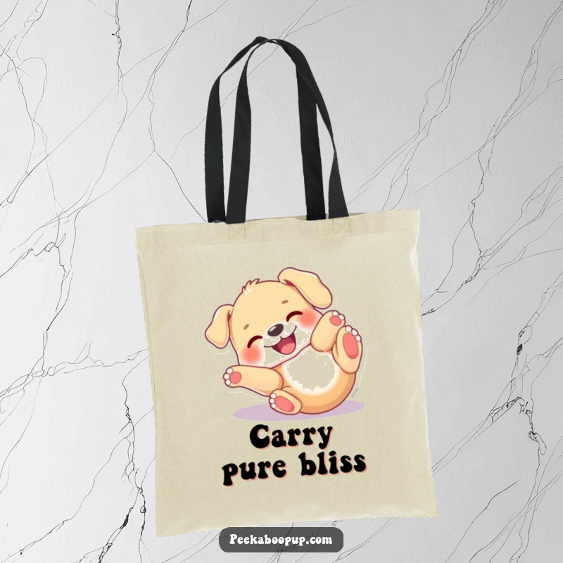 Funny Puppy Roll Tote Bag showcasing a dog with a joyful expression, rolling on its back in a moment of pure, happy delight.