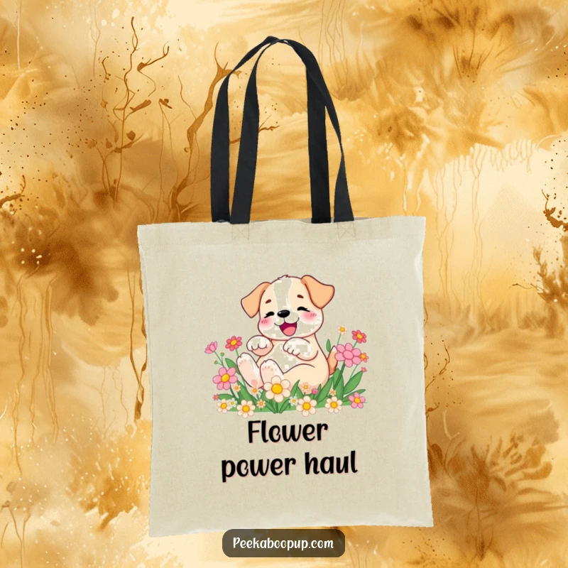 Funny Tote Bag depicting a joyous puppy rolling happily in a garden of colorful cartoon flowers, very cheerful.