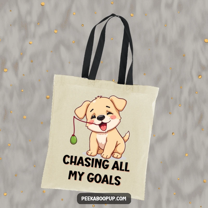 Funny Puppy Tote Bag: A cute dog batting at a string, perfect for carrying daily items