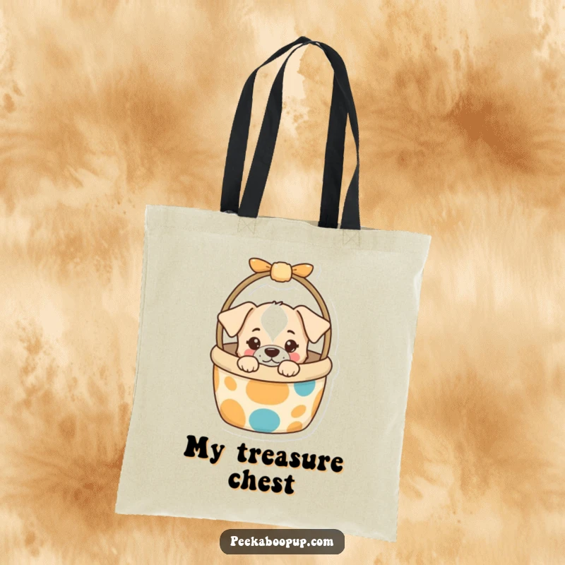 Funny Tote Bag with a curious puppy peeking out of a colorful dog toy basket, embodying playful exploration and humorous charm for everyday use.