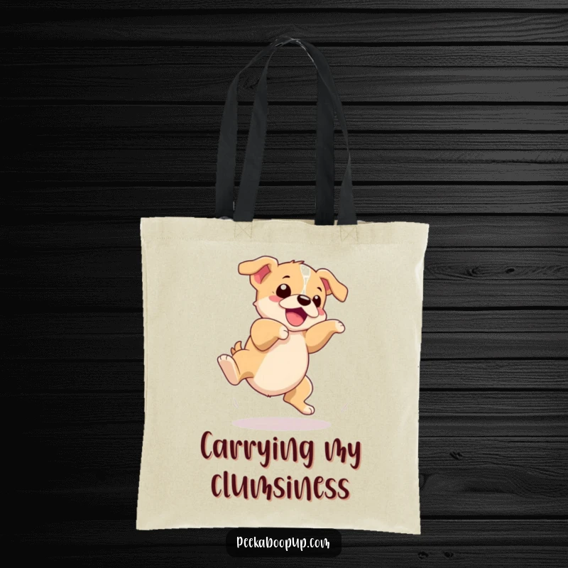 Funny tote bag featuring a puppy hilariously tripping over its paws while attempting an ambitious leap, great for carrying goods.