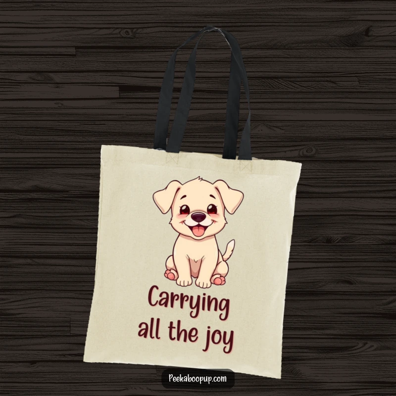 Funny puppy with floppy ears and a huge grin, wagging its tail furiously, designed on a durable tote bag for a cheerful look.