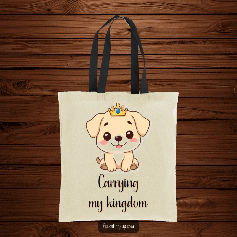 Funny Royal Puppy Tote Bag featuring an endearing puppy with a gentle smile and a small crown, perfect for stylishly carrying items.