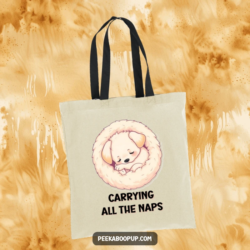 Funny Tote Bag featuring a sleeping puppy in a perfectly curled, fuzzy ball shape, ideal for carrying goodies with a humorous, cute touch.