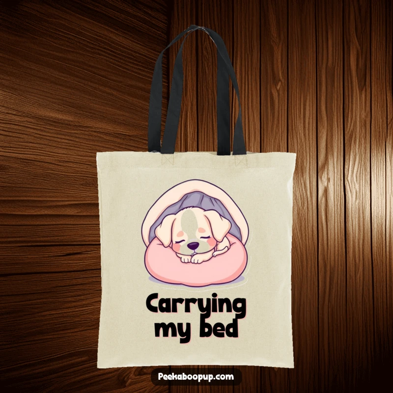 Funny tote bag with a sleepy puppy nestled in a soft bed, perfect for carrying essentials with comfort.
