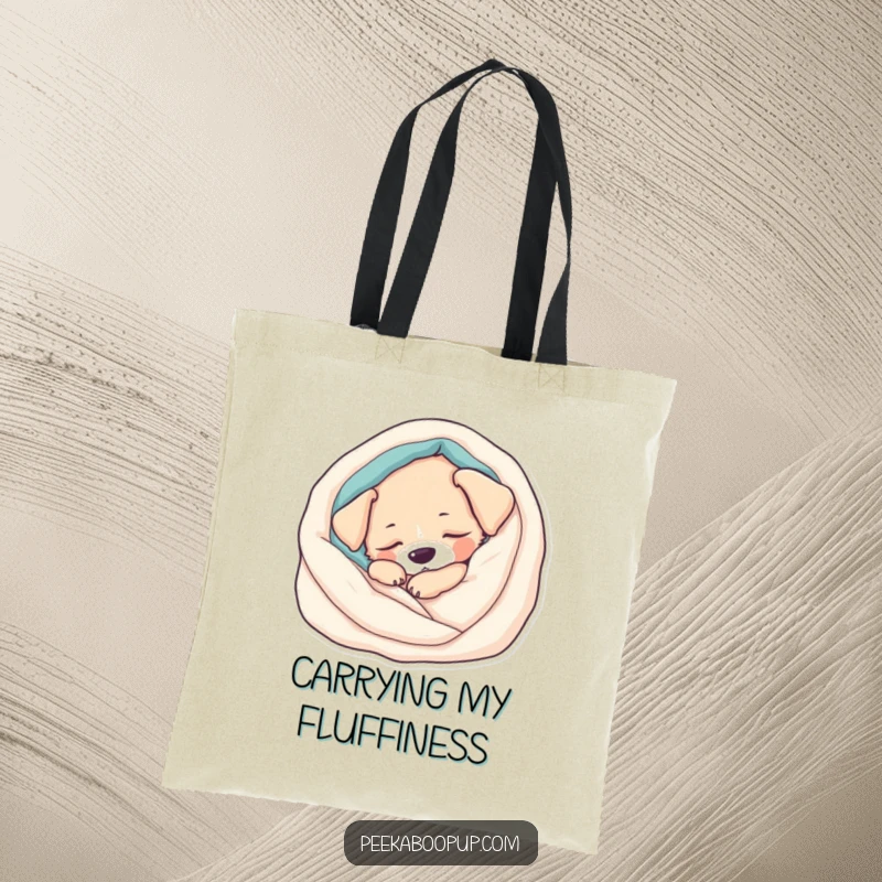 Funny Tote Bag: A content, sleepy puppy is nestled comfortably in a soft blanket. Ideal for carrying daily essentials.