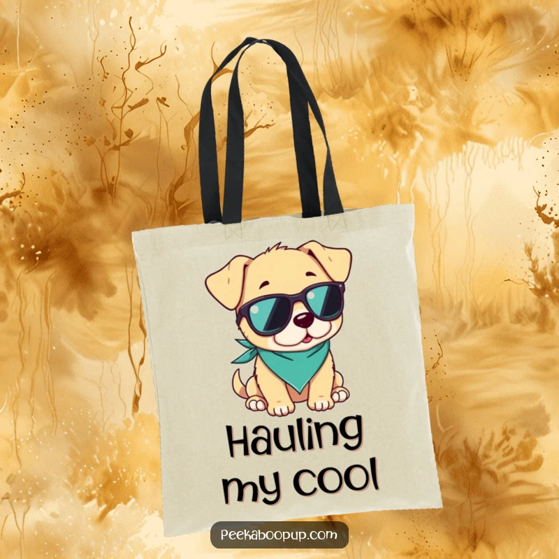 Funny tote bag showcasing a puppy wearing sunglasses and a bandana, looking super cool and relaxed, perfect for everyday use.