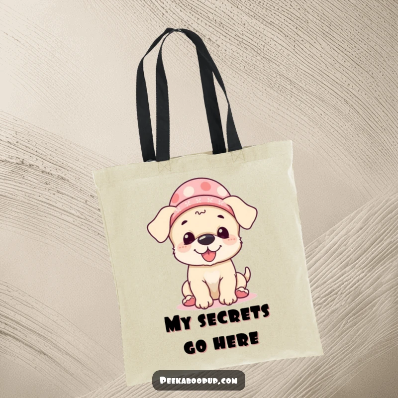 Funny Tote Bag with a giggling puppy in a hat playing peek-a-boo, perfect for carrying essentials with a humorous canine touch.