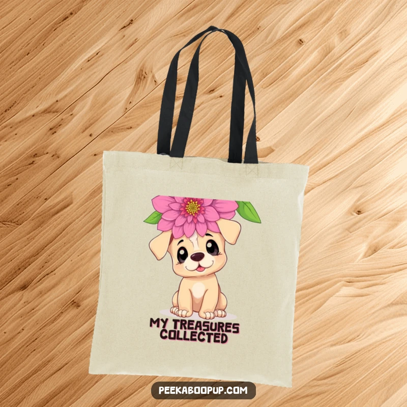 Funny Curious Puppy Tote Bag: A puppy with curious eyes sniffing a giant flower, ready for errands