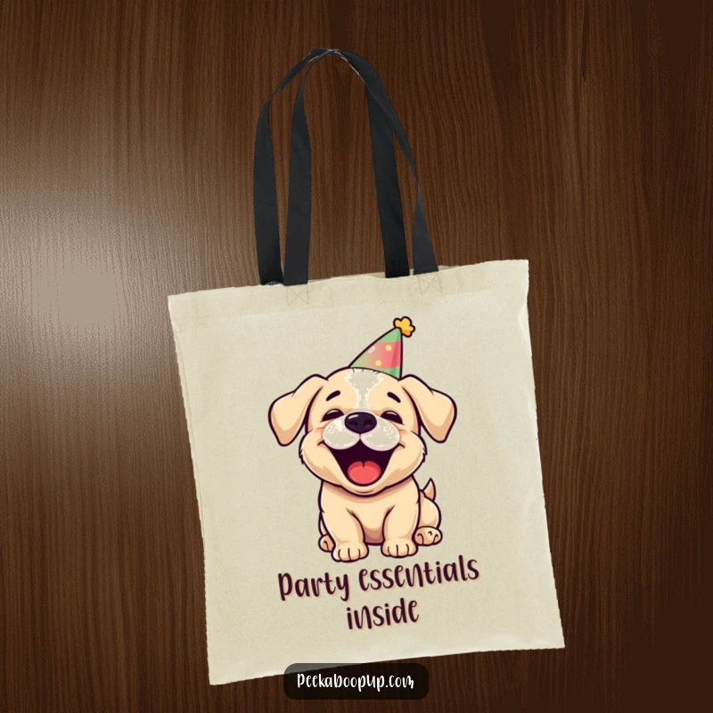 Funny puppy party tote bag, character in party hat barking joyfully, cute and functional accessory.