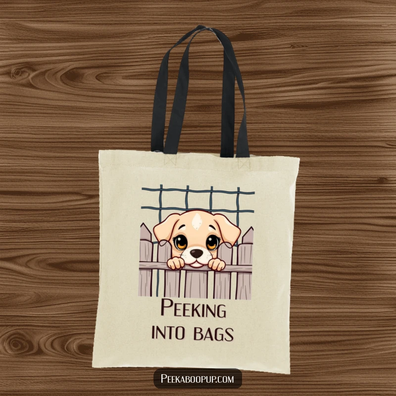 Funny tote bag with a curious puppy, big wide eyes, peeking from behind a fence, symbolizing curiosity and playful observation.