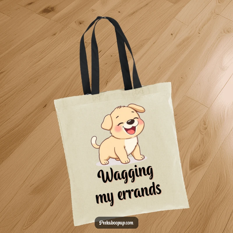 Funny giggling puppy caught mid-tail-chase, illustrated on a durable and humorous tote bag.